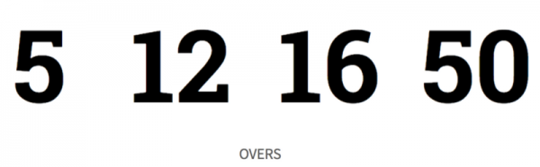 5-over, 10-over, 16-over or 50-over cricket matches