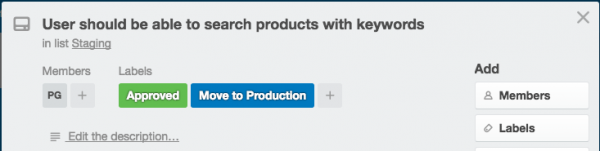 Product Development Staging Card on Trello